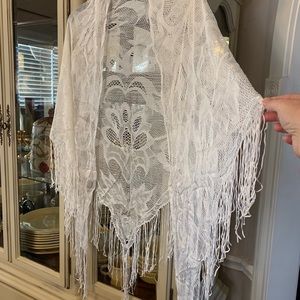 Vintage White Lace Poncho Fringe Shawl Festival